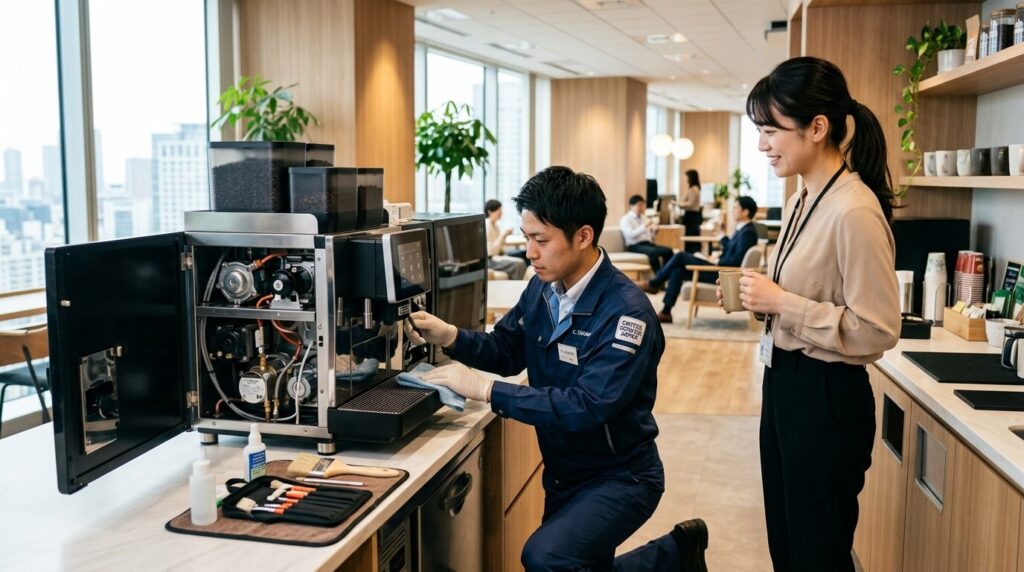 大型コーヒーメーカーの定期メンテナンスを行うプロフェッショナルなサービス技術者と、それを見守る会社員。プロに任せる安心感を演出。
