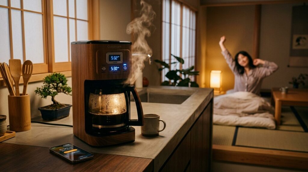 タイマー機能付きコーヒーメーカーで朝の目覚めと同時に抽出される様子