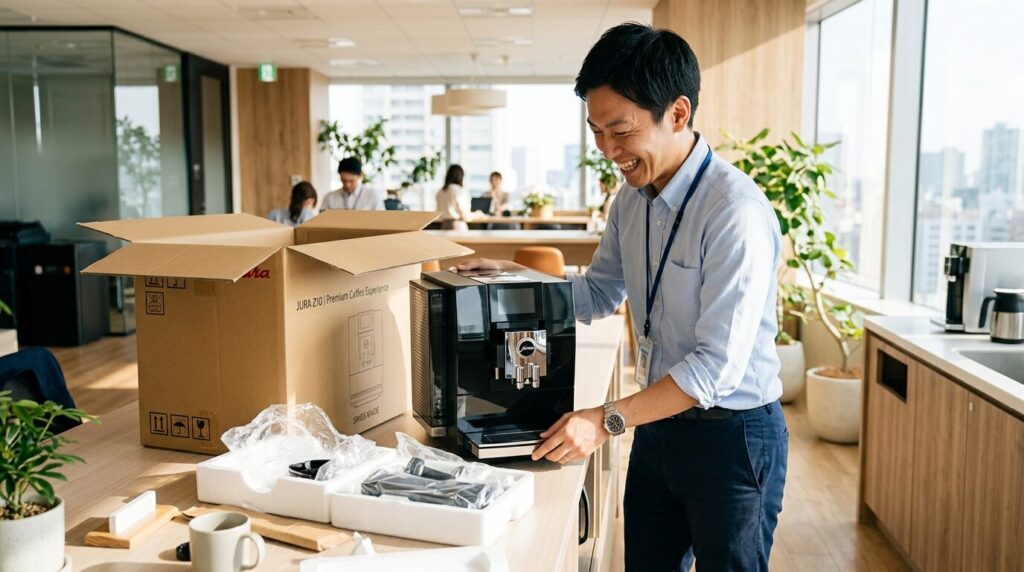届いた新品の業務用コーヒーメーカーをオフィス給湯室で開封し、嬉しそうに箱から出している日本人会社員。購入モデルの満足感を表現。