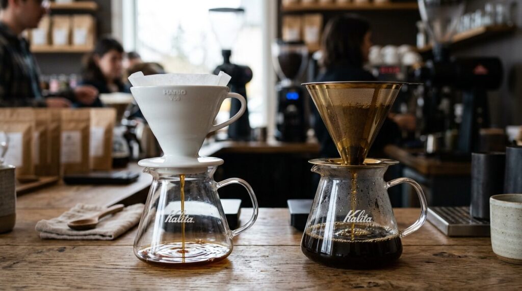ペーパーフィルターとメッシュフィルターでコーヒーを抽出する際の違いを比較、ガラスサーバーに安定して設置された状態