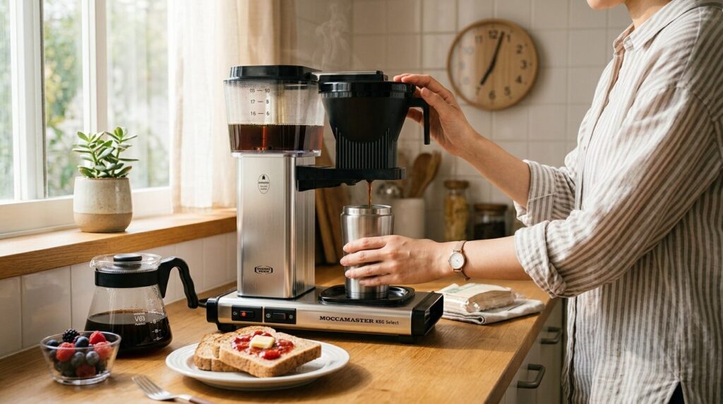 コーヒーメーカーから直接タンブラーにドリップされるコーヒー、朝食と時計のある朝の風景