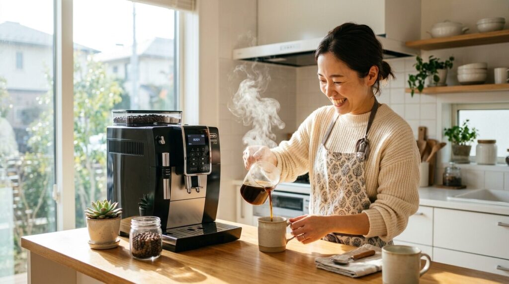 日本の明るいキッチンで満足げな表情の女性が、全自動コーヒーメーカーから淹れたてのコーヒーをマグカップに注いでいる様子。湯気が立ち上り、窓から差し込む朝日の中で、豆計量からの解放された朝のコーヒータイムの喜びを表現したまとめ用のライフスタイル画像。