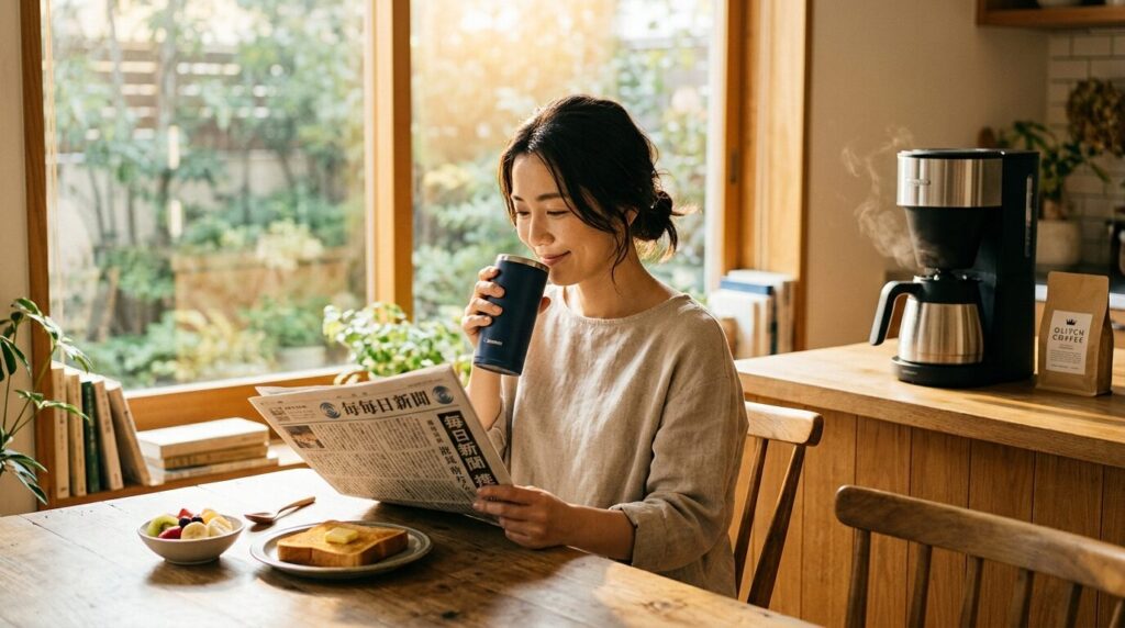 朝の窓辺で直接抽出したコーヒーを楽しむ日本人、穏やかな朝食シーンと幸せなひととき