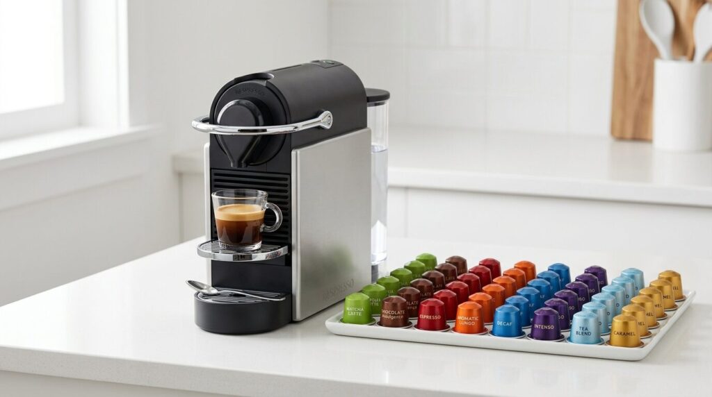 カプセル式コーヒーマシンと様々な種類のコーヒーと紅茶のカプセル