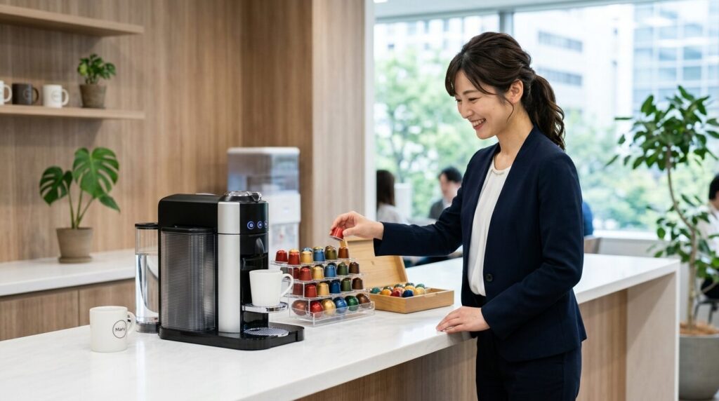 色とりどりのカプセルが並ぶ洗練されたカプセル式コーヒーメーカーと、それを手に取る笑顔の日本人女性オフィスワーカー。バリエーション豊かな福利厚生の魅力を描写。
