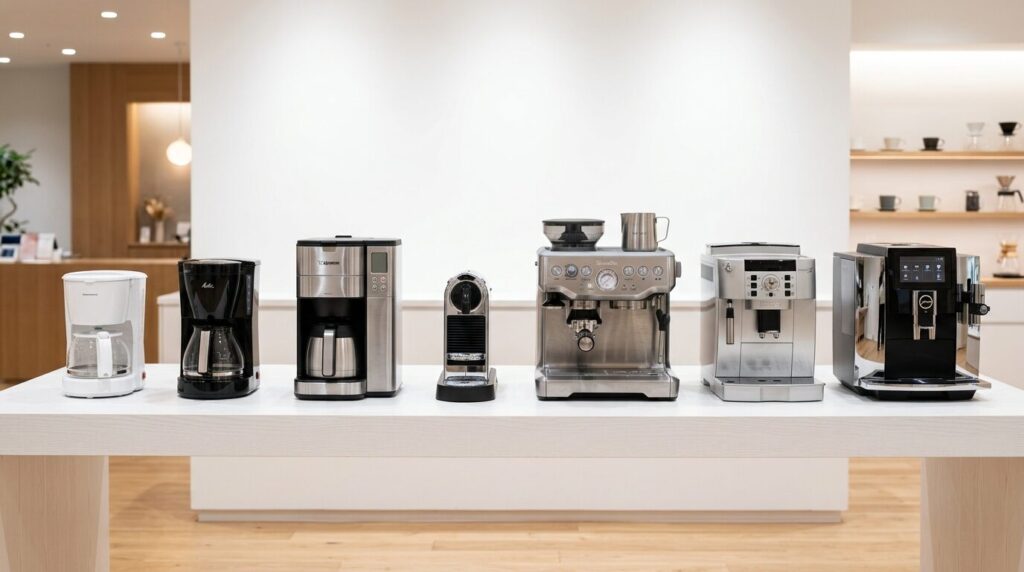 価格帯別に並べられた様々なコーヒーメーカーのラインナップ