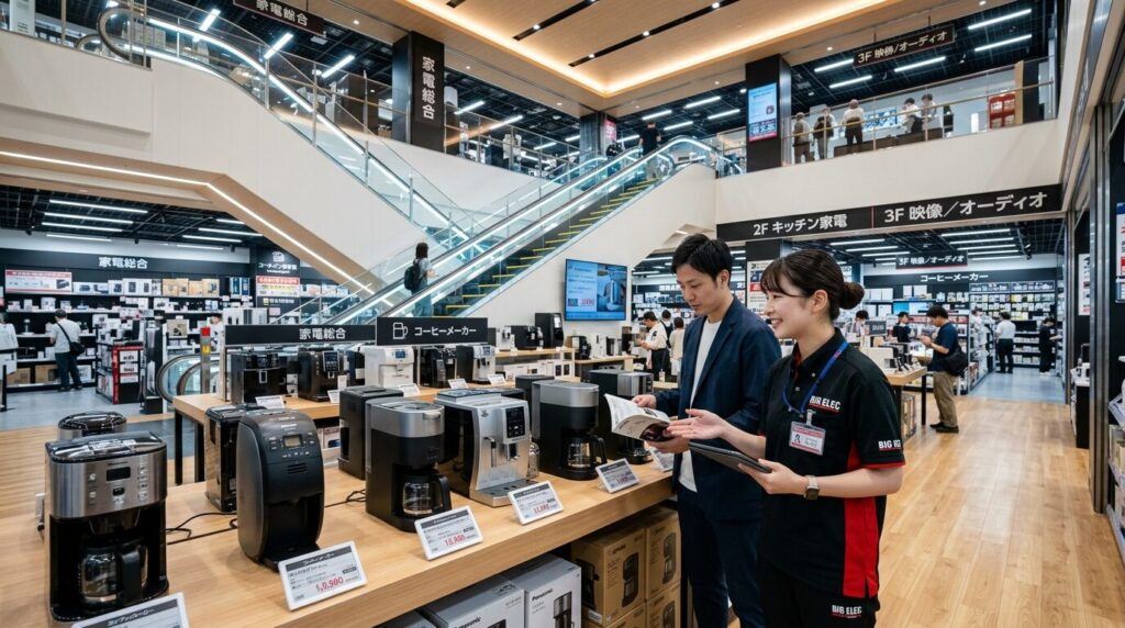 都市型大型家電量販店の広い店内風景。専門スタッフのコンサルティングを受けながら、顧客がコーヒーメーカーを選んでいる様子を表現しています。