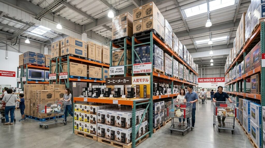 高い天井と広いフロアが特徴的なコストコ倉庫型店舗の店内風景。大型家電が並ぶ専用コーナーで、会員限定のお得な価格設定を表現しています。