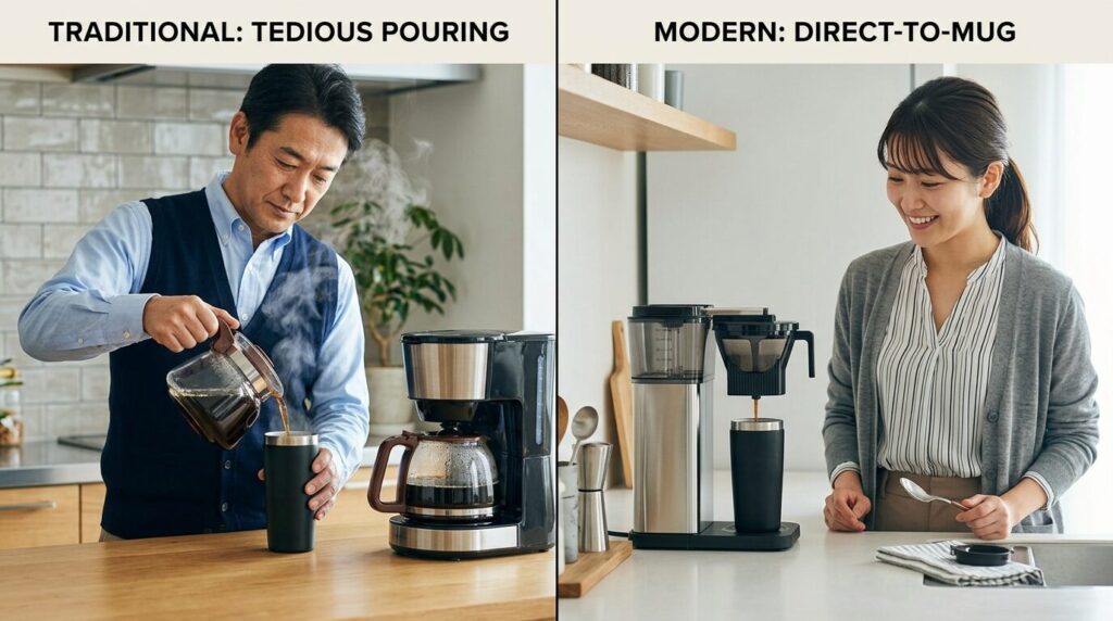 従来のコーヒーメーカーと直接ドリップ式の比較、時短効果を示すビフォーアフター