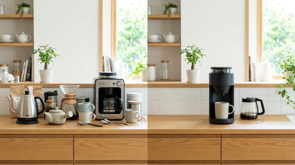 散らかった家電が並ぶ従来キッチンと、お湯機能付きコーヒーメーカー一台でスッキリした省スペースキッチンを比較した画像