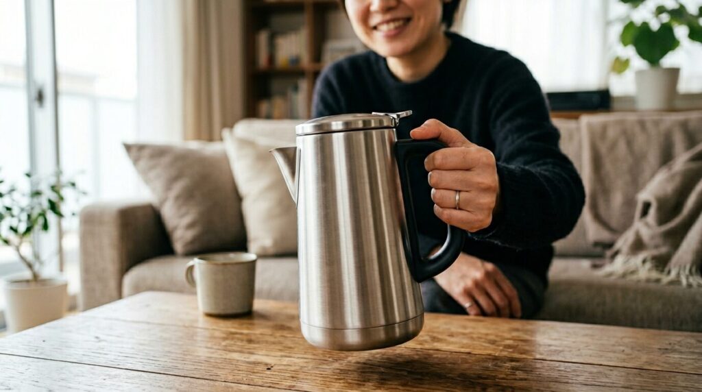 丈夫で割れにくいステンレス製保温ポットを日本人の女性が自信を持って持つ、機能性と耐久性を表現するイメージ。
