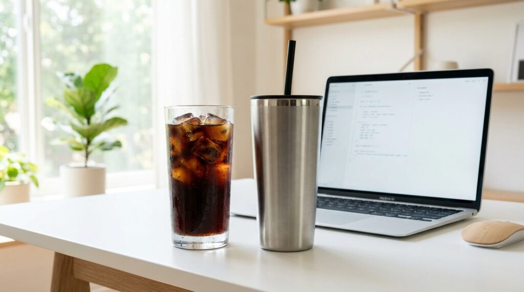 結露せずに清涼感を保つステンレス製タンブラーに入った、氷が透き通る冷たいアイスコーヒーを机に置いた作業シーン。