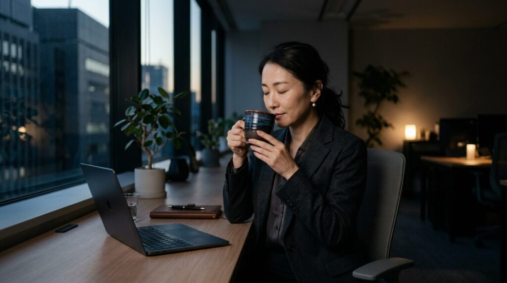早朝のオフィスでコーヒーカップを持ち目を閉じる日本人ビジネスウーマンの静かで思索的な朝のシーン
