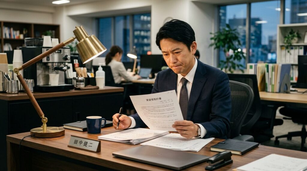 デスクでレンタル契約書を真剣な表情で確認する日本人男性マネージャー。背景にコーヒーメーカーが見え、契約前の慎重な検討を促す演出。