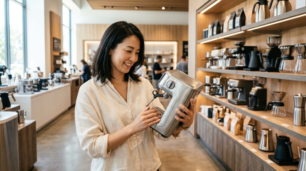 多種多様なコーヒーメーカーの中から自分に合う一台を選ぶ、日本のキッチン家電売り場で吟味する日本人女性の様子。