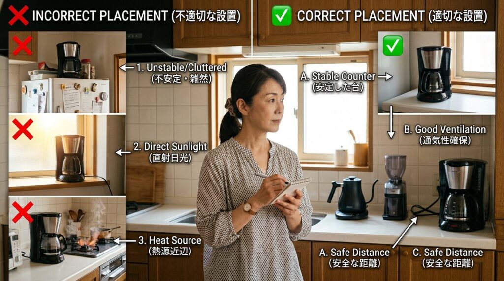 コーヒーメーカーの正しい設置場所と間違った設置場所の比較