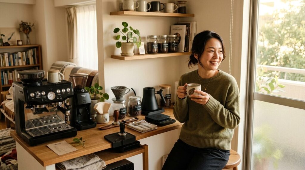 理想的に配置されたコーヒーステーションでくつろぐ様子