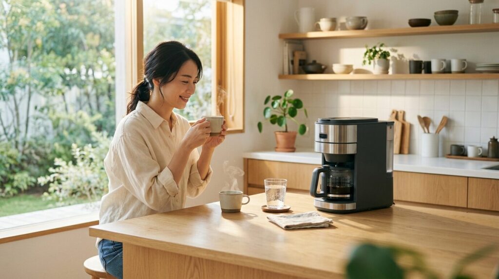 朝の柔らかな光が差し込むミニマリストな日本風キッチンで、お湯機能付きのコーヒーメーカーと温かいコーヒー、白湯を楽しむ日本人女性の心地よいホームカフェ風景