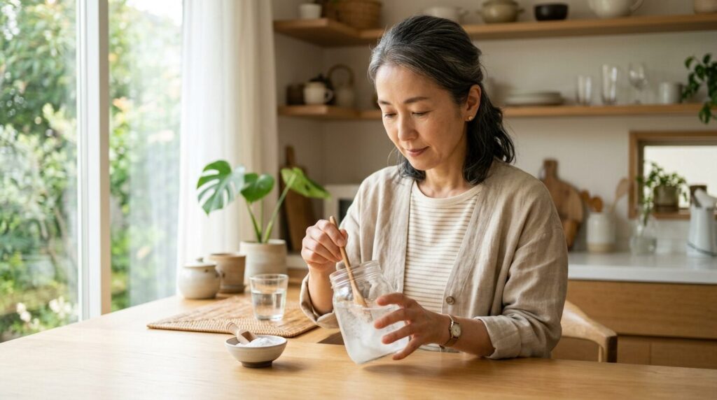 クエン酸を別容器の水に完全に溶かしている日本人女性の準備段階の様子