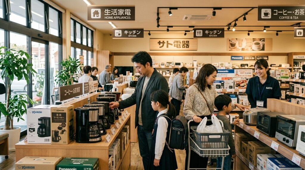 郊外型家電量販店の落ち着いた雰囲気の店内で、家族がコーヒーメーカーの陳列棚を見ている風景。ヤマダ電機やエディオン、ケーズデンキの親しみやすさを表現しています。