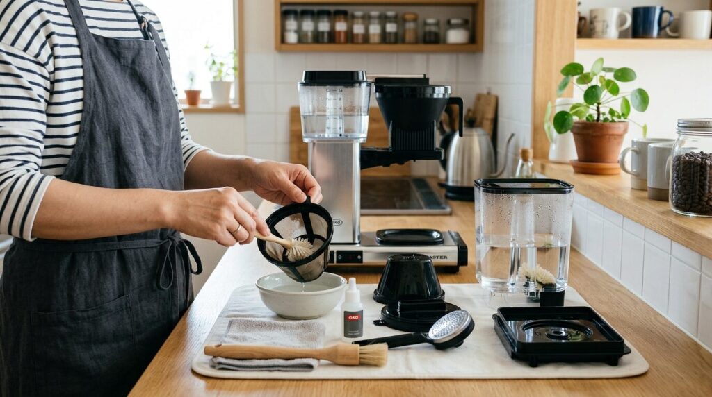 コーヒーメーカーの分解パーツを丁寧にお手入れする様子、メンテナンスの現実