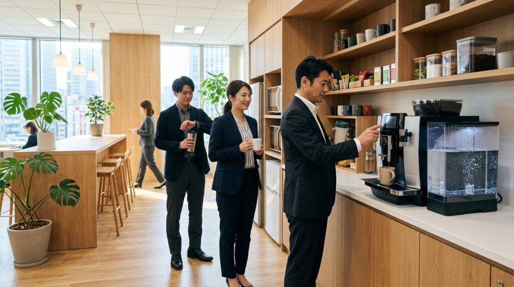朝のピーク時に大容量給水タンク付きのコーヒーメーカーの前に並ぶ日本人オフィスワーカーたちの様子。1日に何十杯も抽出されるオフィス特有の忙しさを表現。