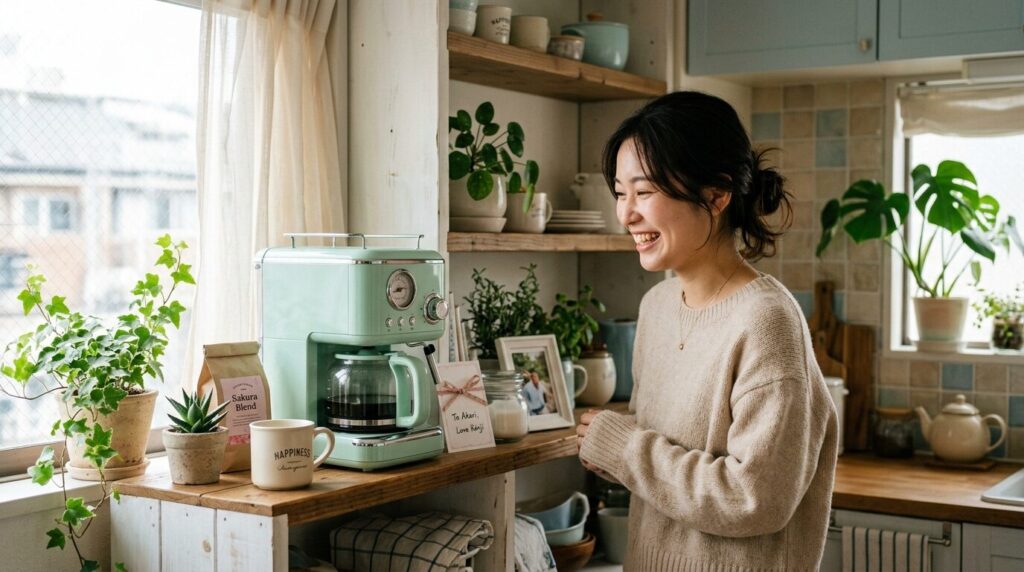 柔らかな雰囲気のドリップ式コーヒーメーカーを見て喜ばれる日本人女性