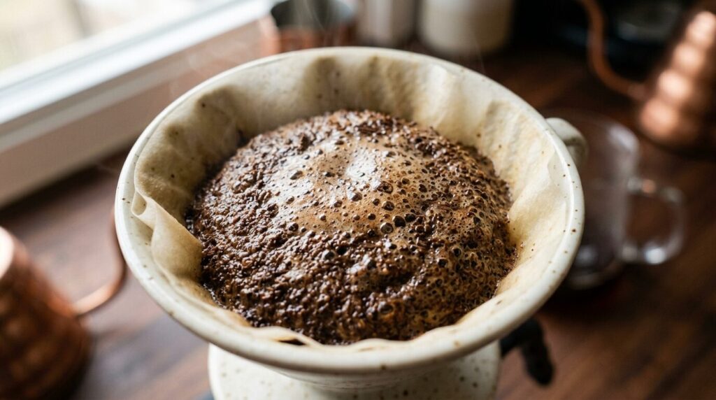 コーヒー粉の蒸らし工程で炭酸ガスが放出されドーム状に膨らむ様子のマクロ撮影