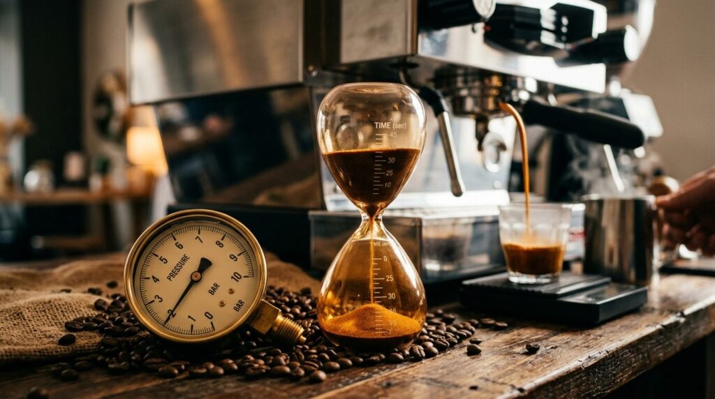 コーヒー抽出における圧力と時間の重要性を表現した圧力計と砂時計