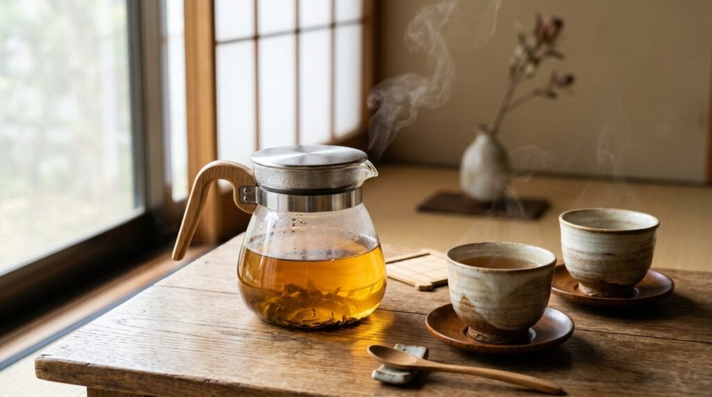 コーヒーポットで淹れた黄金色のほうじ茶と日本の茶器