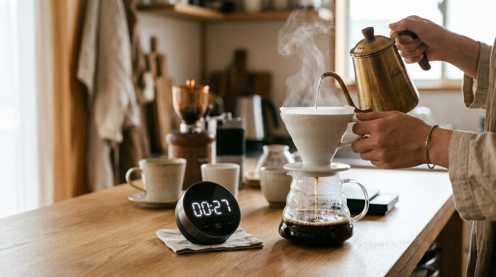 コーヒー抽出における最適な蒸らし時間を示すタイマーとドリッパー
