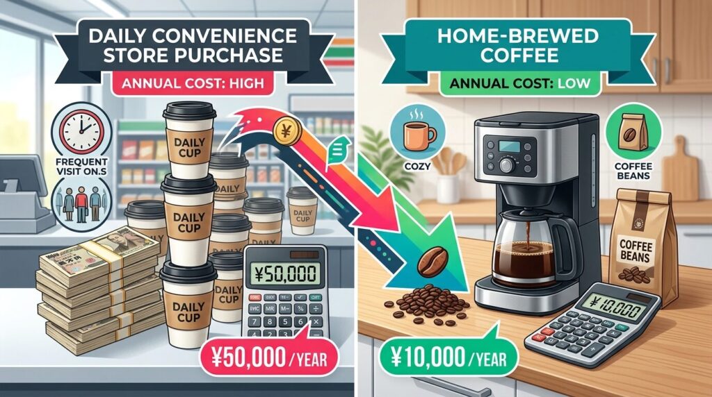 コンビニコーヒー購入と自宅コーヒーメーカー使用の年間コスト比較インフォグラフィック