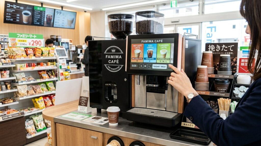 ファミリーマートの最新タッチパネル式コーヒーマシンで注文する顧客の手元