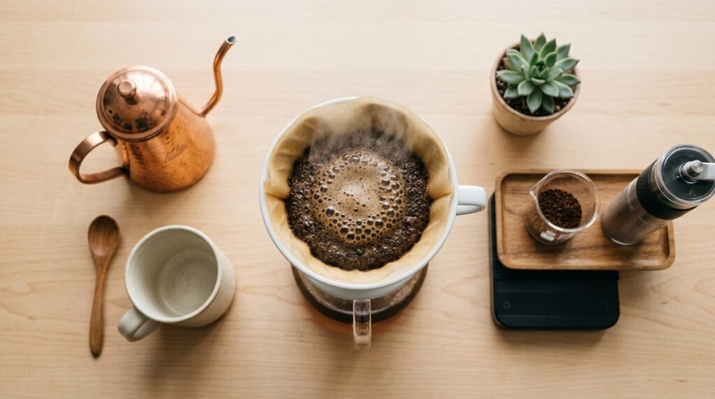 コーヒー粉の蒸らし工程を示したドリップ抽出の様子