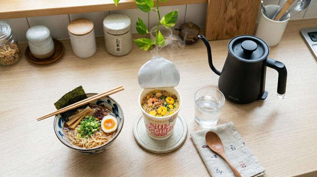 電気ケトルの代わりにコーヒーメーカーからお湯を注いで作るインスタントラーメンの準備風景を上から撮影した写真