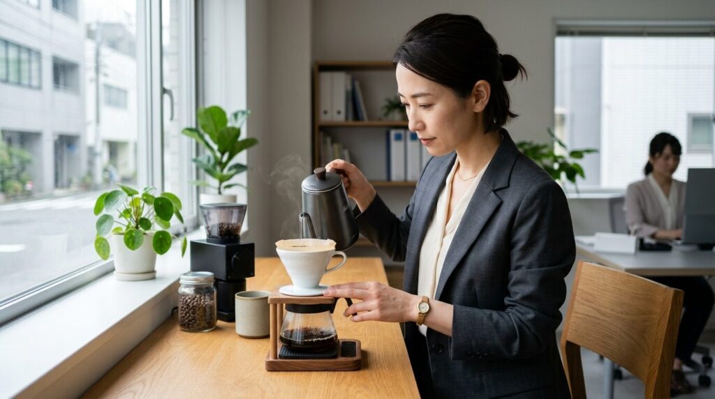 ハンドドリップでコーヒーを丁寧に淹れる様子