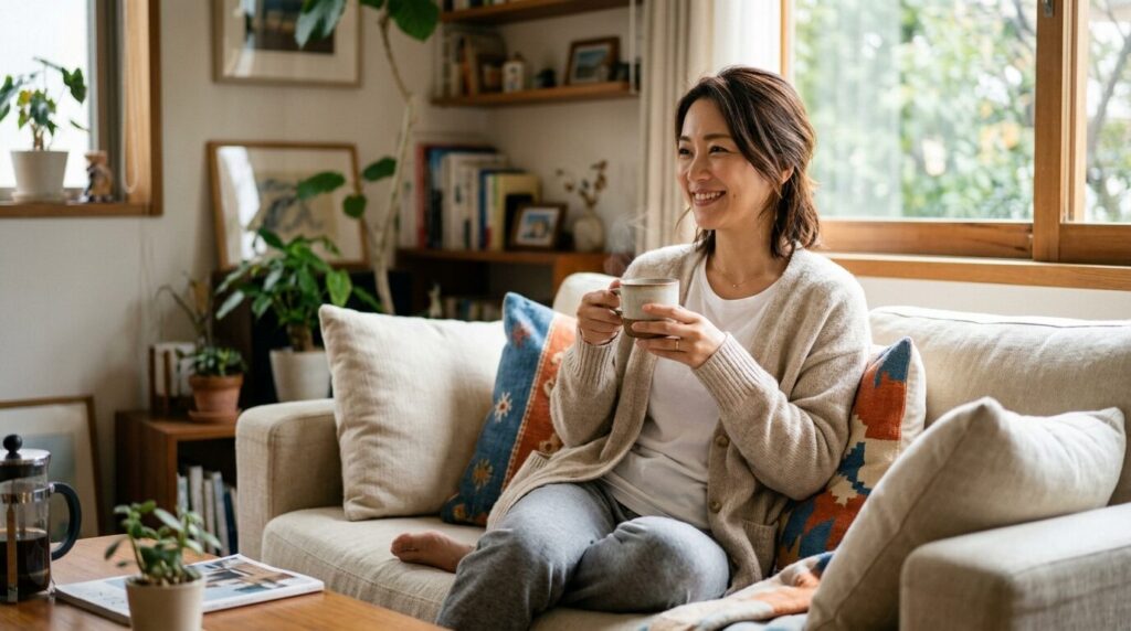 自宅でリラックスしながらコーヒーを楽しむ日本人女性の日常シーン
