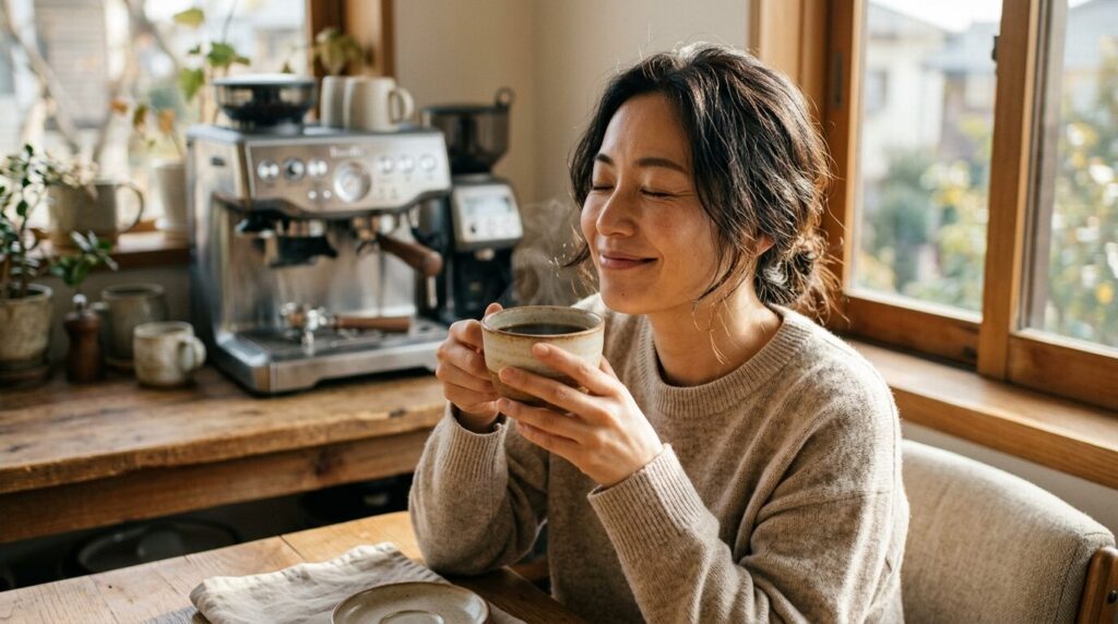 至福の表情で淹れたてのコーヒーの香りを深く吸い込む日本人女性と背景にぼやけた全自動コーヒーメーカーがある、完璧な一杯を楽しむ至福の朝のシーン