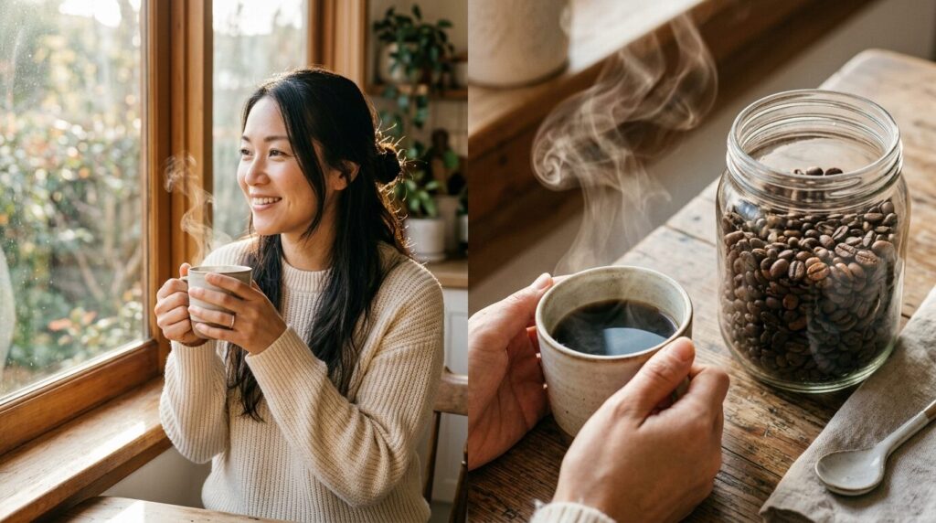 朝日の中で挽きたてのコーヒーを楽しそうに味わう日本人女性の朝のコーヒータイムの姿