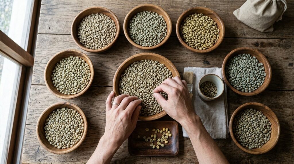 原産地ごとに木の器に分けられた薄緑色のコーヒーの生豆と、それらを丁寧に手作業で選別する日本人の手のクローズアップ