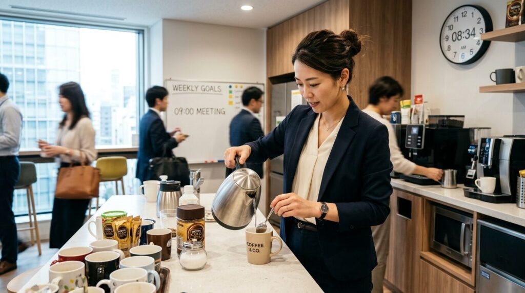 忙しい朝にオフィスキッチンで素早くインスタントコーヒーを準備するビジネスウーマン
