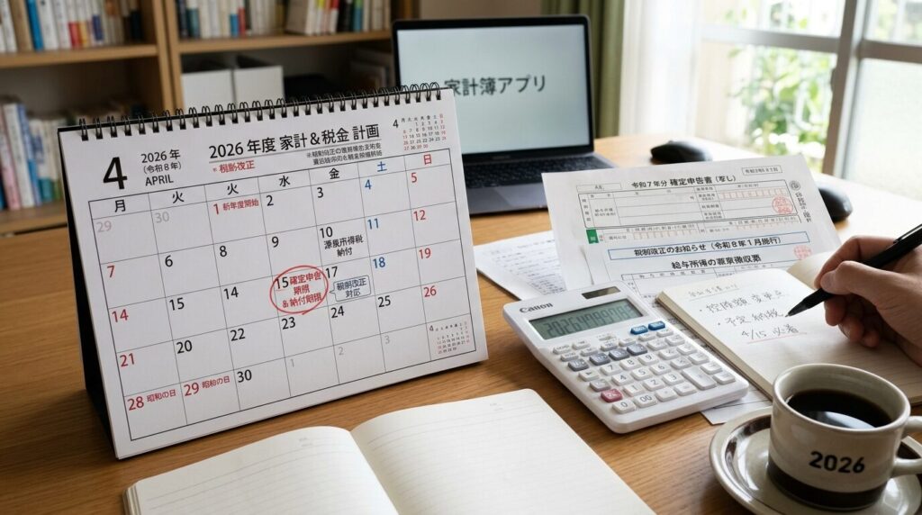 2026年カレンダーと計算機と予算計画書類が並ぶデスク