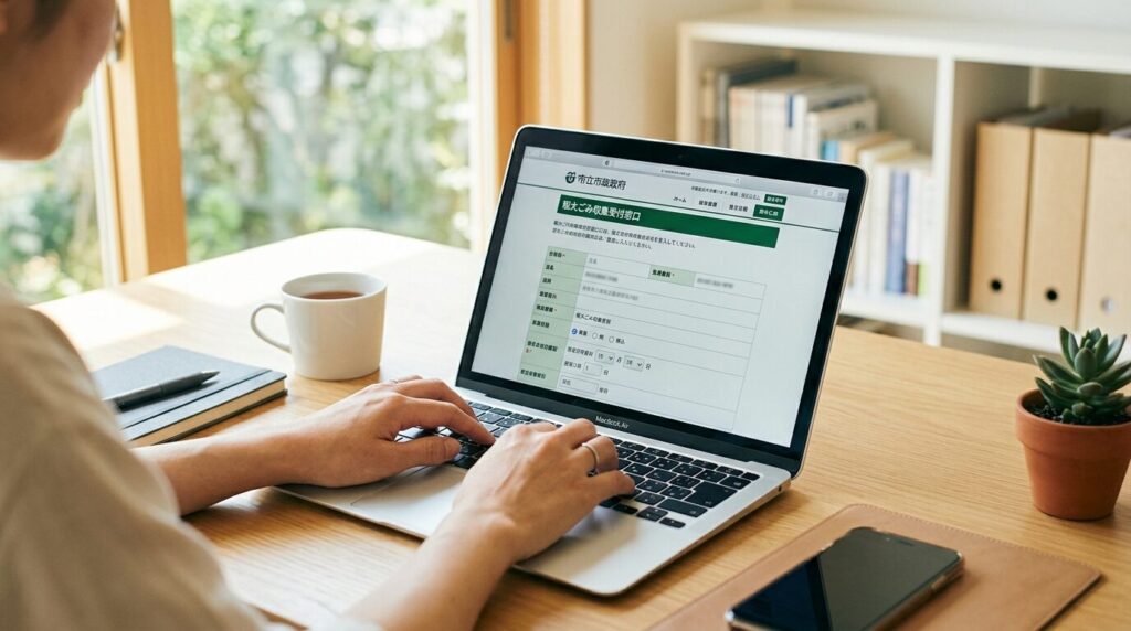 パソコンで粗大ごみのオンライン申し込みをする様子、自治体サイト利用シーン