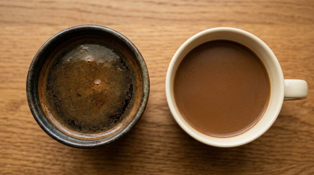 木製テーブルに並んだドリップコーヒーとインスタントコーヒーの飲み比べ比較写真