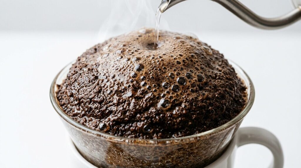 コーヒー粉が膨らんで炭酸ガスを放出する蒸らしのプロセス
