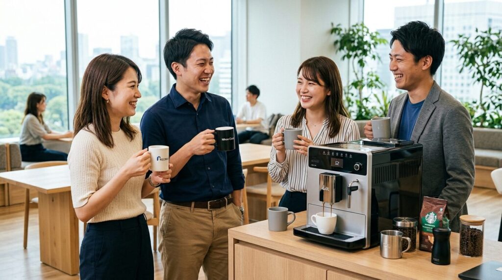 コーヒーブレイクで会話を楽しむオフィスの社員たち