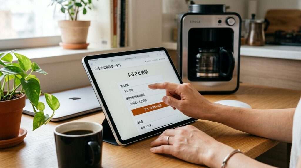 タブレットでふるさと納税の寄付手続きをする様子とコーヒーメーカー