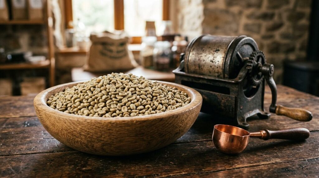 木のボウルに入った薄緑色のコーヒーの生豆とヴィンテージの鋳鉄製手動焙煎機のある温かい朝のテーブル