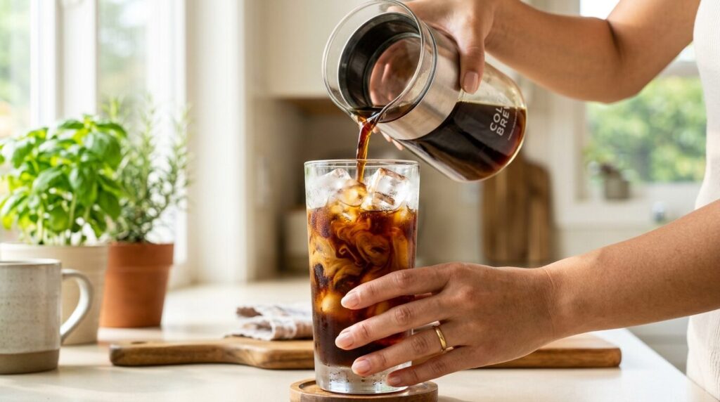 氷入りグラスに注がれる水出しコーヒー、美しい渦模様が見える専門的な撮影写真