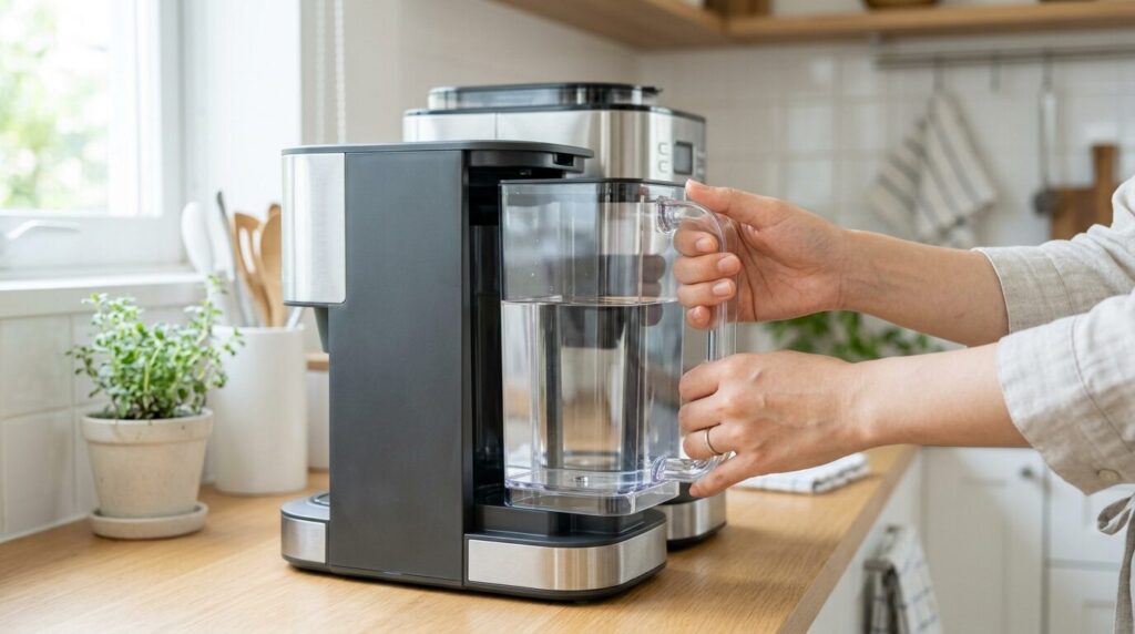 コーヒーメーカーから透明な給水タンクを取り外す日本人女性の手元